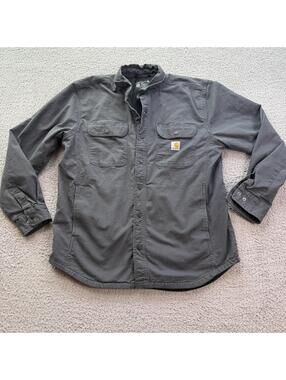Carhartt Relaxed Fit Fleece Lined Snap Front Shirt Jacket Gray Large Workwear